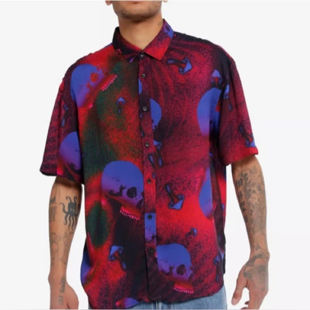 Skulls & Mushrooms Oversized Woven Button-Up Men's Multicolor Graphic Shirt